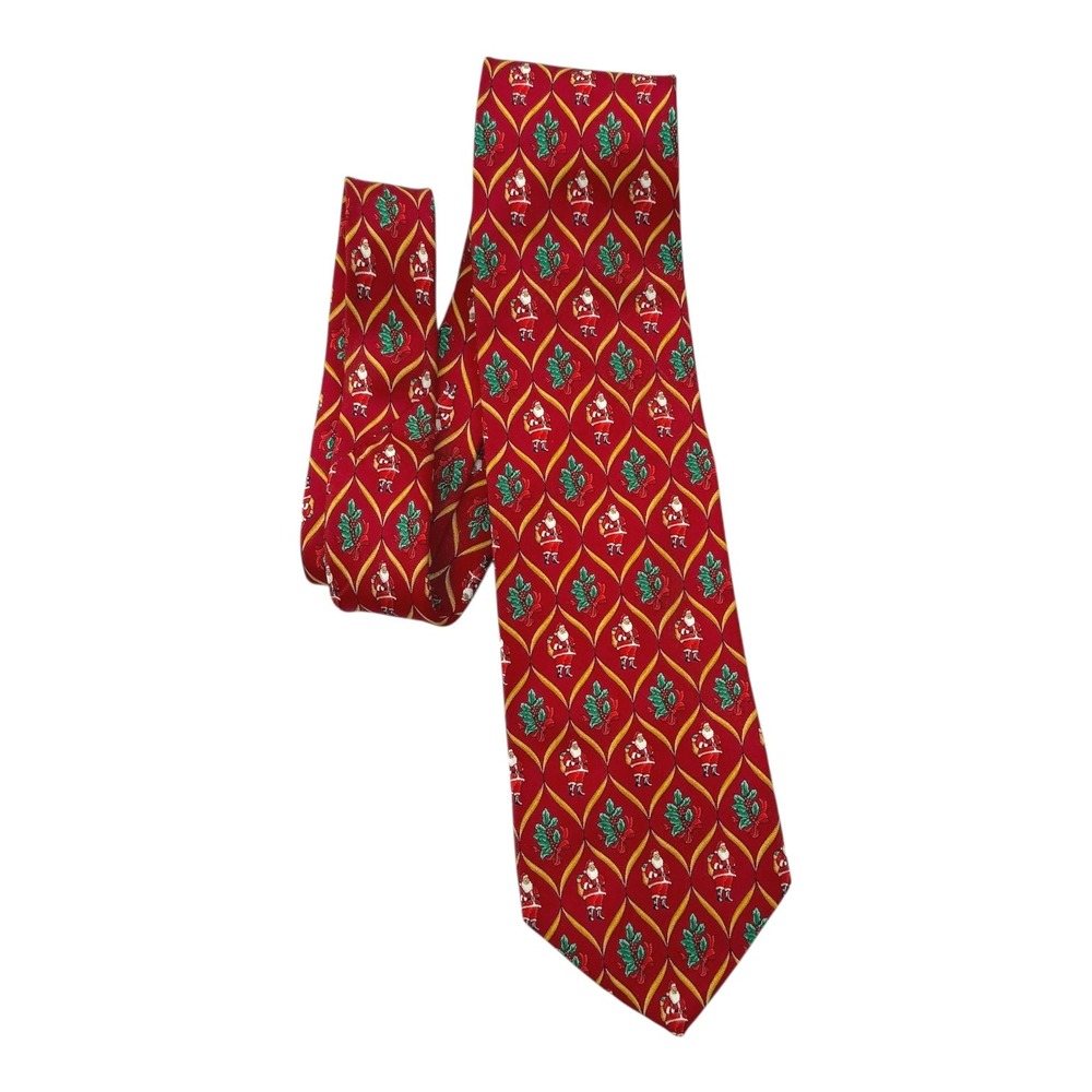 Brooks Brothers Christmas Red Gold Santa Holly Pattern Silk Tie Hand Made In USA